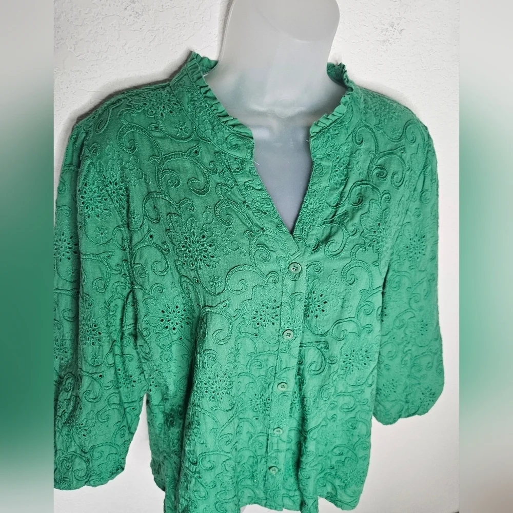 Soft Surroundings 100% Cotton Boho Embroidered Green Eyelet Puff Sleeve Blouse